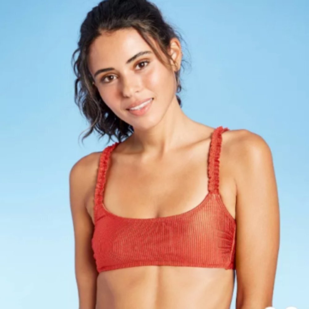 Xhilaration Bikini Top Ruffle Strap Red Copper Ribbed Swim Top Womens Size M
